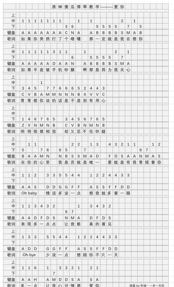 《原神》爱你琴谱